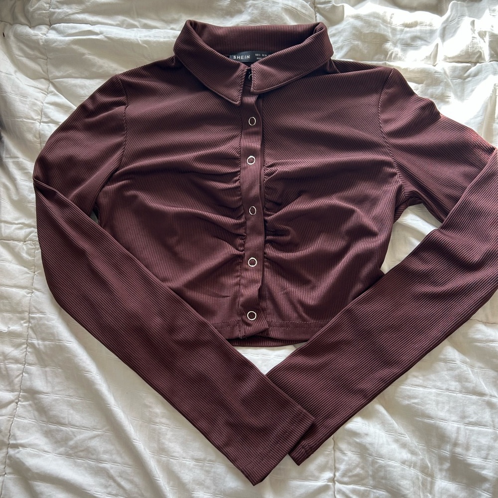 Shein Women's Ribbed Long-Sleeve Cropped Button Top - Brown